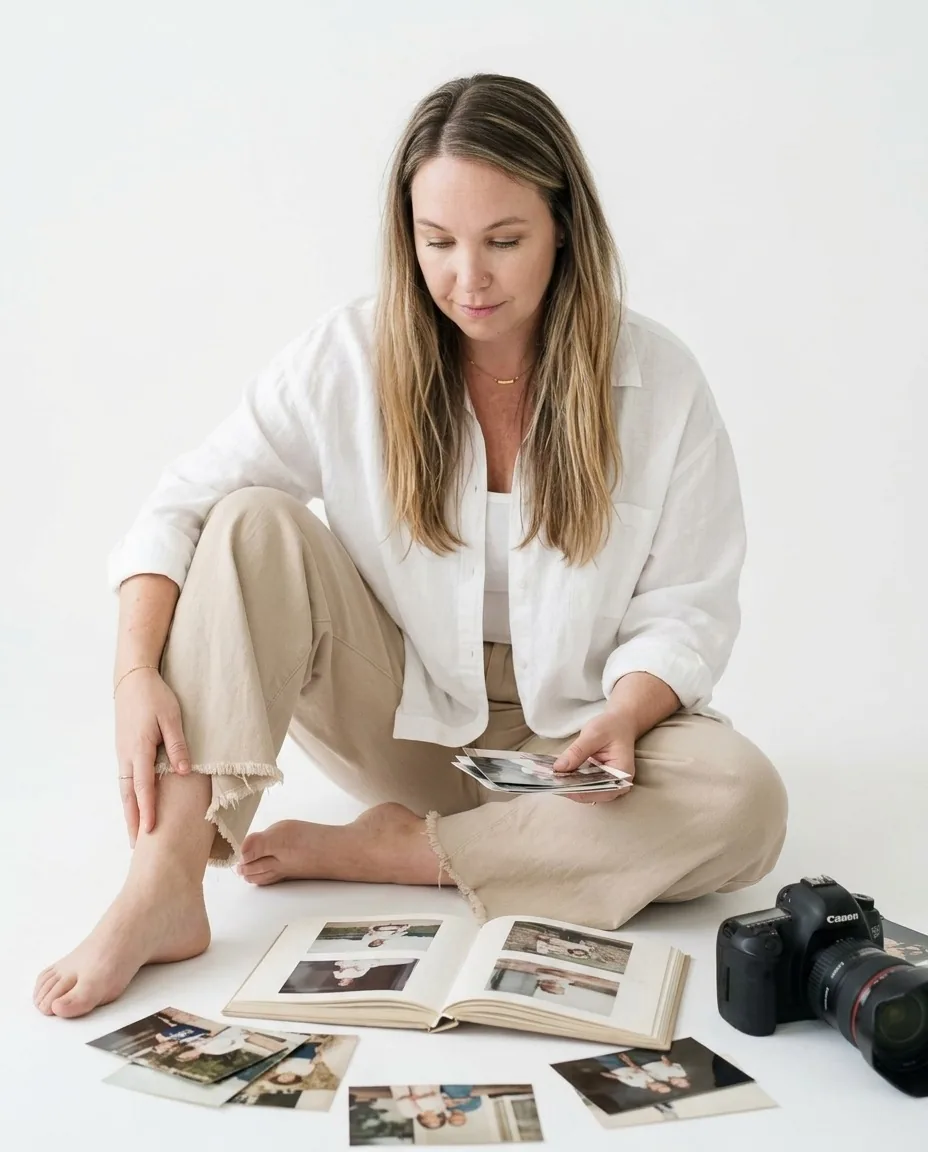 Gurudarshan sitting on a pale floor with her photographs and camera spread around her