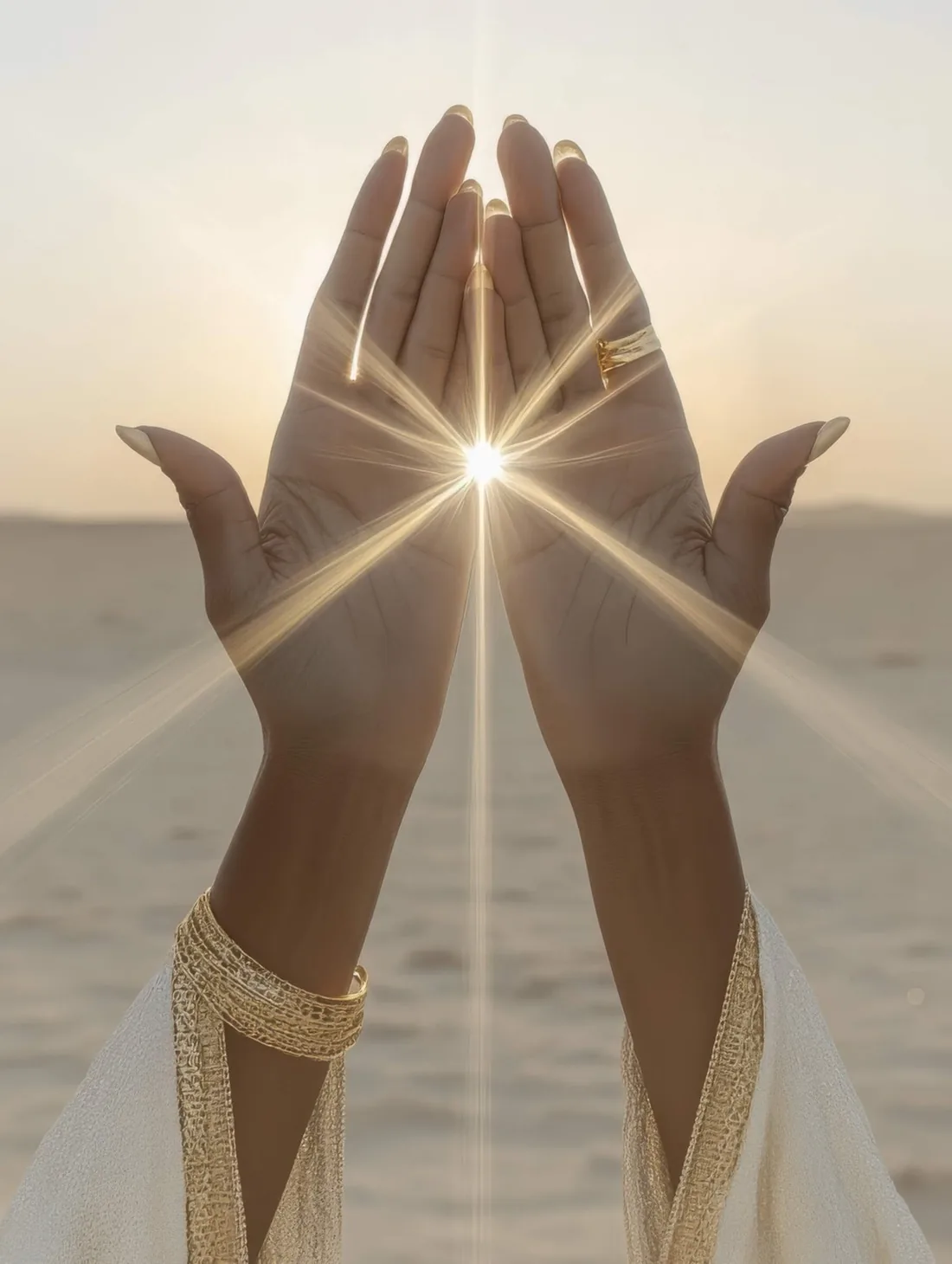 Two cupped hands holding a point of light against a wide, sunlit sky